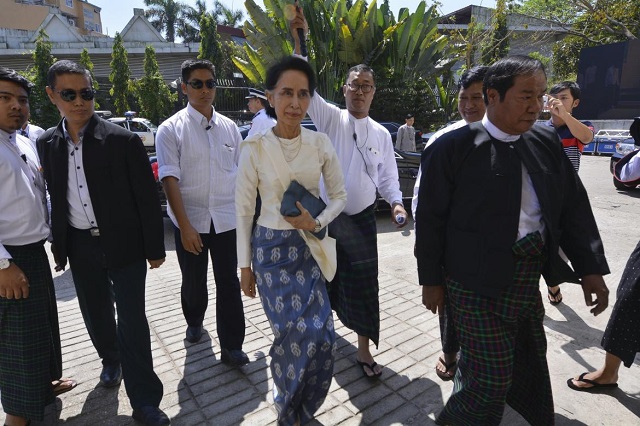 State Counsellor Daw Aung San Suu Kyi arrives at Sundays memorial