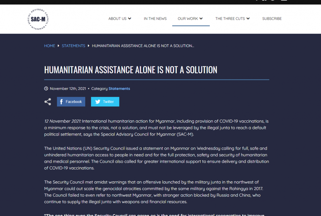 SAC M statement about Humanitarian assitance is not alone solution