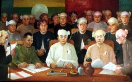 Aung San and ethnic nationalites leaders signing Panglong Areement