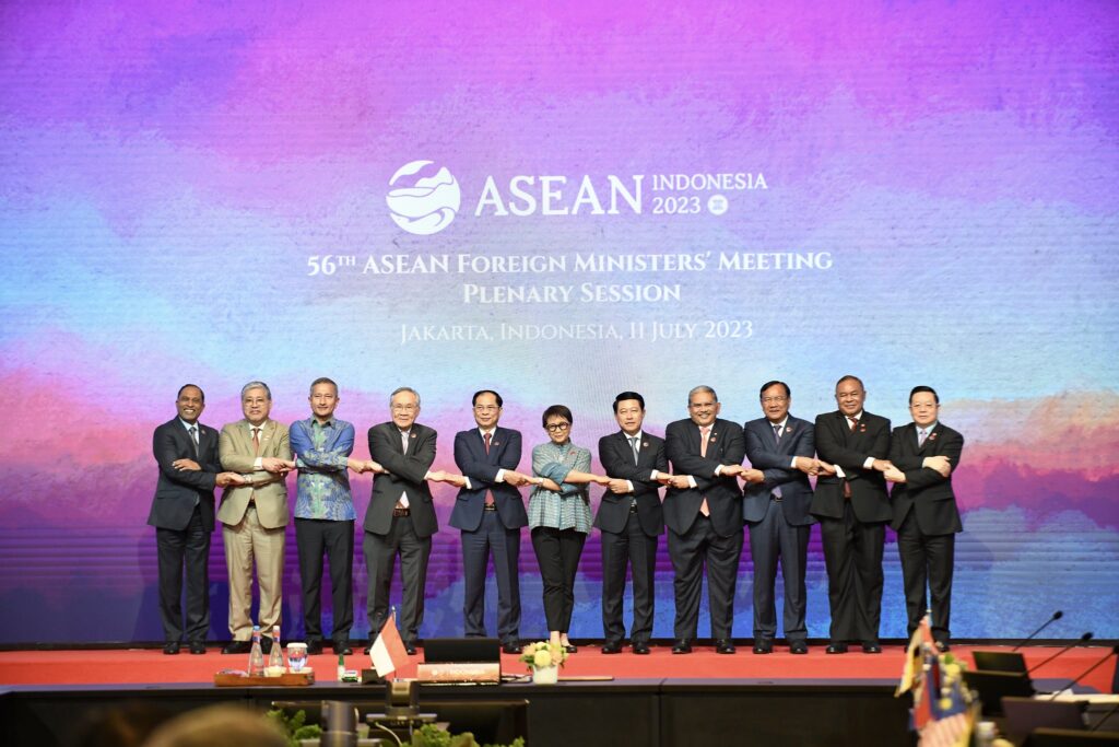 The ASEAN Foreign Ministers holding hands as ASEANs style at the 56th ASEAN Foreign Ministers Meeting AMM in Jakarta