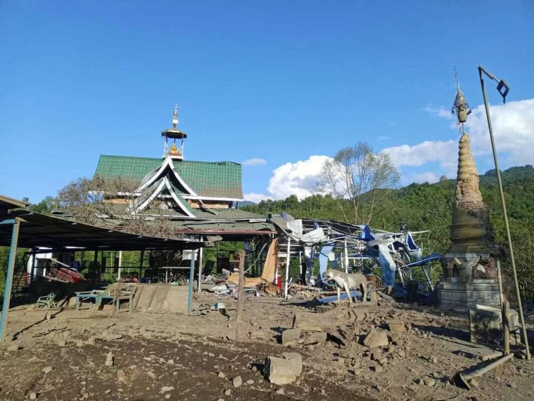 Temple and pagoda were destroyed by fighting in Namkham, Shan State, Burma