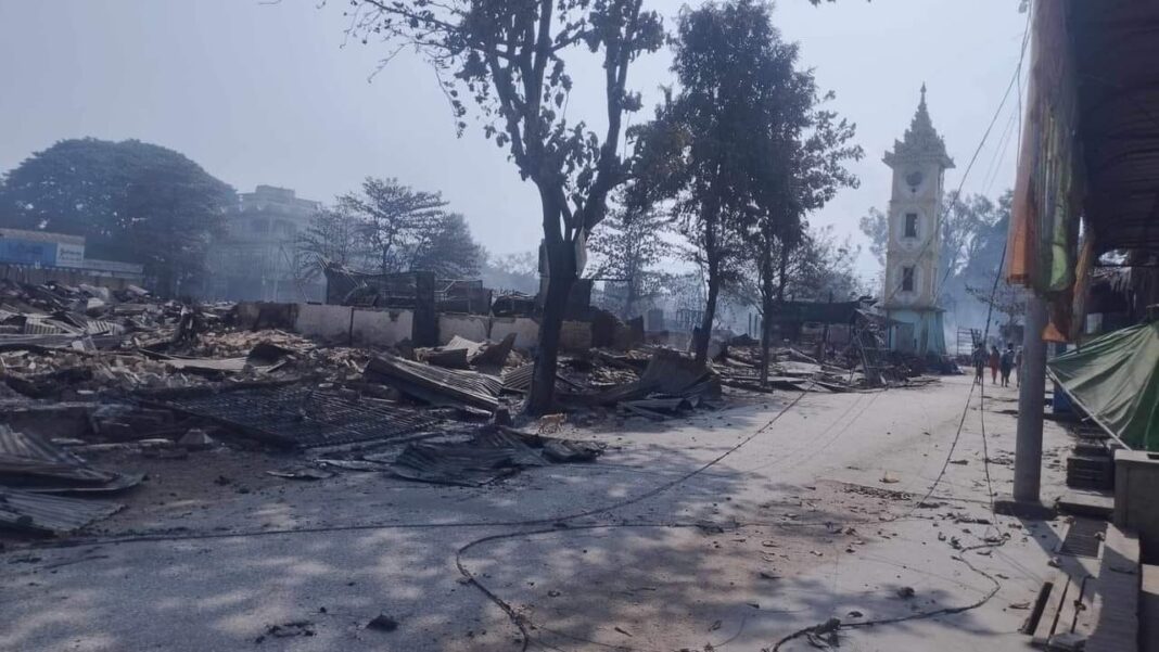 Houses and buildings were destroyed by fighting in Mongmit township