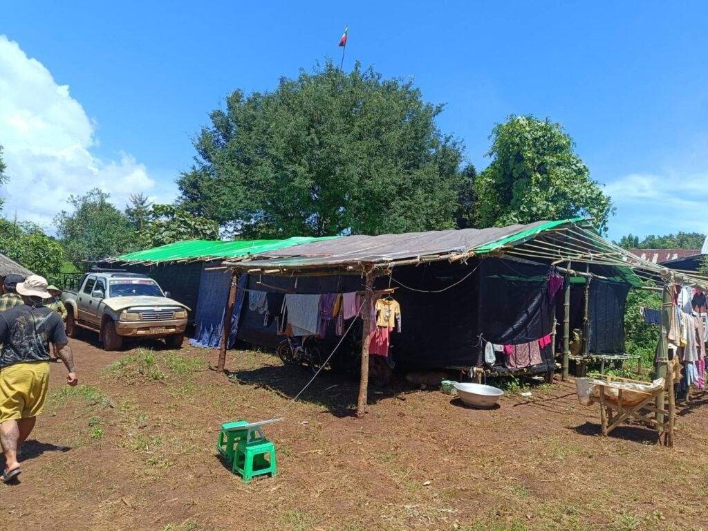 Displaced families in Kyaukme Township shelter in makeshift camps after fleeing clashes between the TNLA and Myanmar military