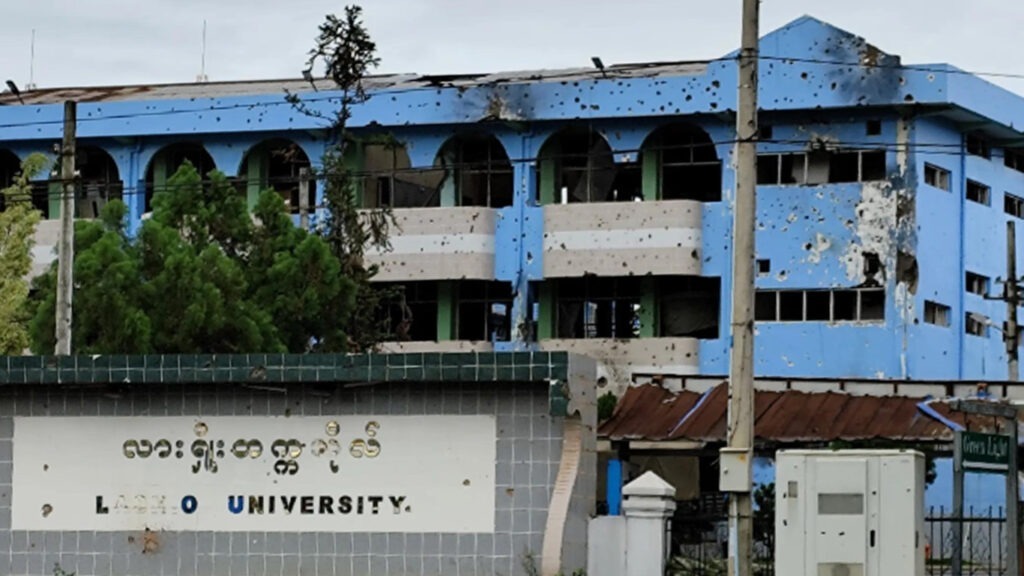 The Lashio University building was also damaged by gunfire The Lashio University building was also damaged by gunfire