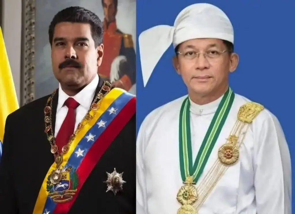 Leaders of Venezuela (left) and Myanmar (right) shown in a composite image wearing official regalia