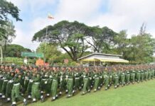 Forced Conscription Set to Expand After Military-Staged Election, Local Sources Say Myanmar junta troops march in formation at a military compound
