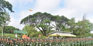 Forced Conscription Set to Expand After Military-Staged Election, Local Sources Say Myanmar junta troops march in formation at a military compound