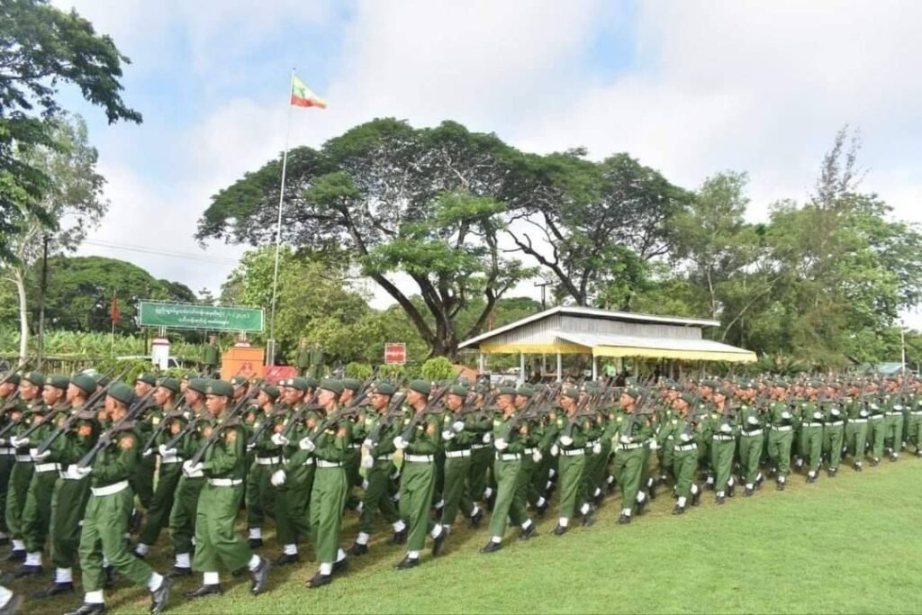Myanmar junta troops march in formation at a military compound Myanmar junta troops march in formation at a military compound