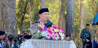 GOVERNMENT OF KAWTHOOLEI FORMED: An act of necessity, defiance or political survival of General Saw Nerdah Mya Nerdah Mya delivers a speech to his supporters