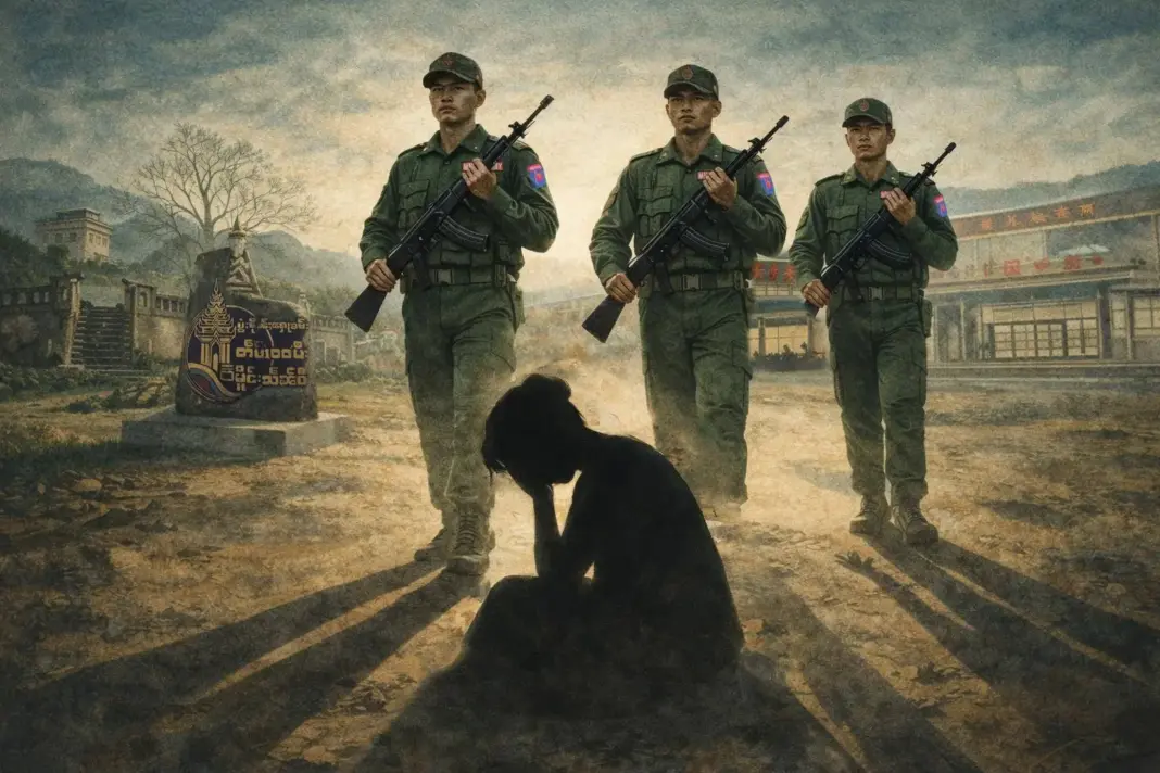 A civilian woman sits amid armed soldiers in a conflict affected township Illustration generated by AI