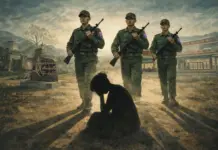 Silenced by Guns: A Woman’s Hidden Suffering A civilian woman sits amid armed soldiers in a conflict affected township Illustration generated by AI
