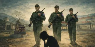 Silenced by Guns: A Woman’s Hidden Suffering A civilian woman sits amid armed soldiers in a conflict affected township Illustration generated by AI