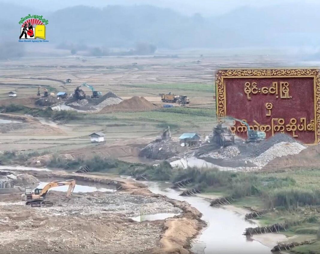 A gold mining site in Kyaukme Township, where large scale operations have damaged farmland along the Nam Jing stream