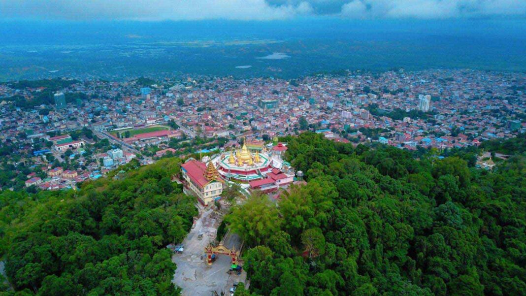 Shwe Phone Pwint Pagoda on a hillside overlooking Taunggyi, the capital of Shan State
