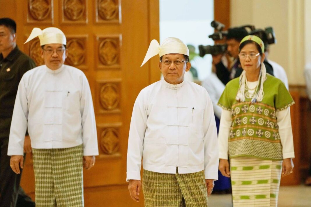 Min Aung Hlaing, Myanmar’s self proclaimed president, is pictured at center