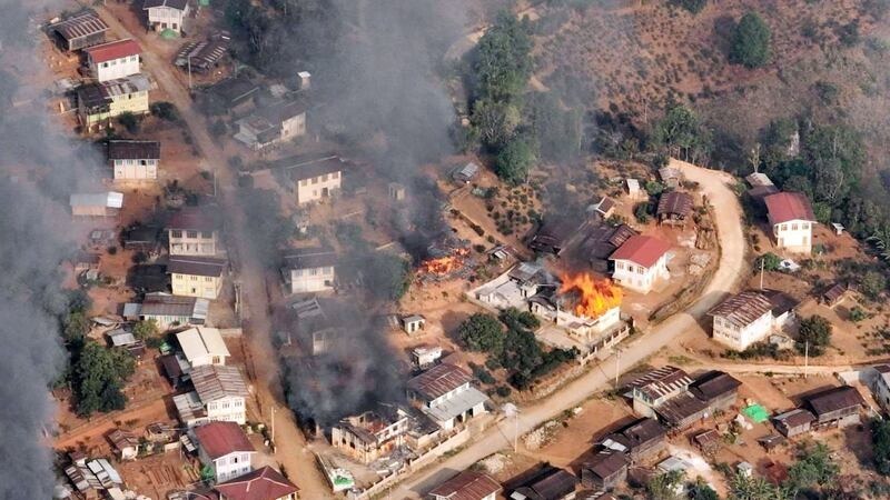 Nanneint Village in Panglaung Township burns during clashes in March 2023