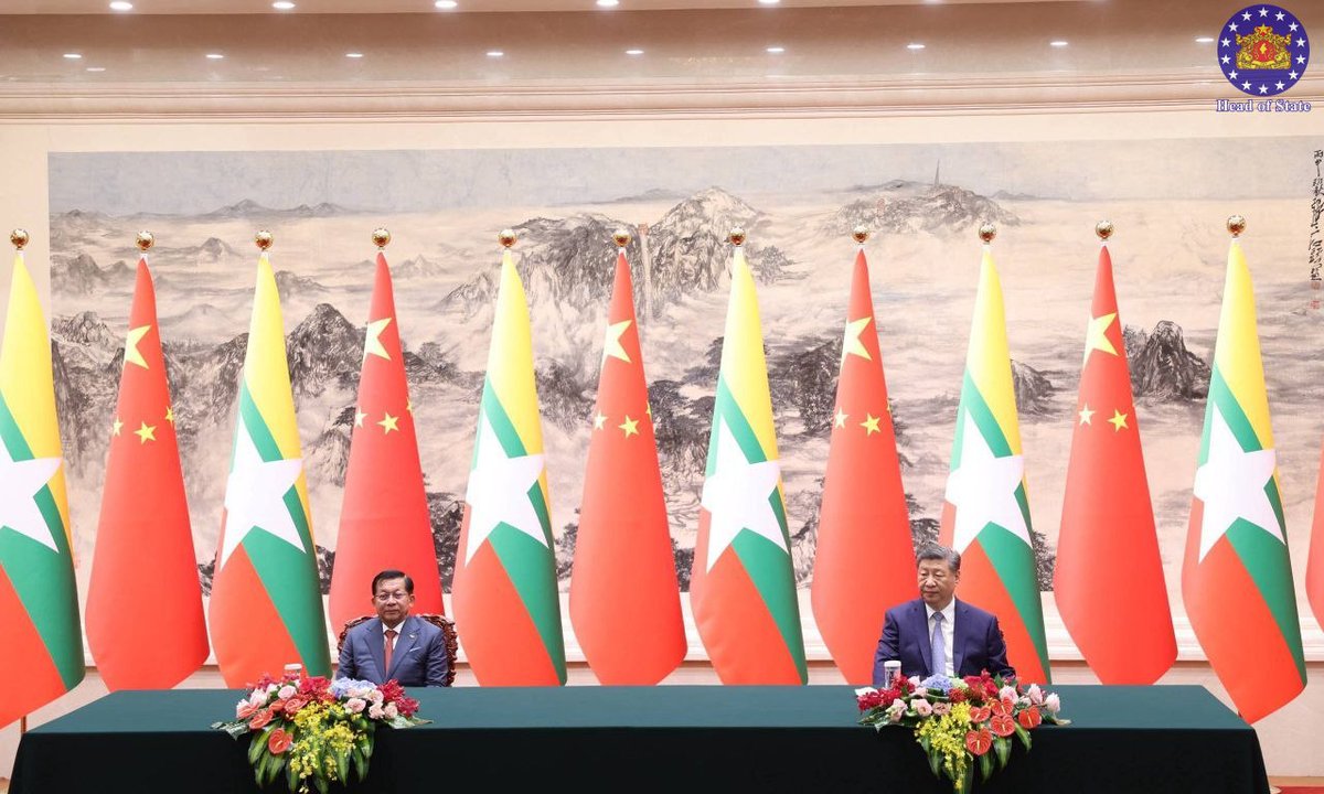 Myanmar junta chief Senior General Min Aung Hlaing meets with Chinese President Xi Jinping during his official visit to China