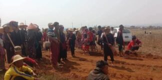 Land Seizure Victims in Hopong Face New Fees to Destroy Former Homes Villagers affected by land confiscations gather in Hopong Township, southern Shan State, to protest the seizure of their land and homes (Photo Supplied)