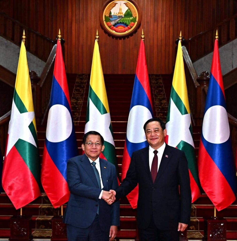 President Thongloun Sisoulith welcomes Myanmar junta chief Min Aung Hlaing during his visit to Laos Photo Vientiane Times