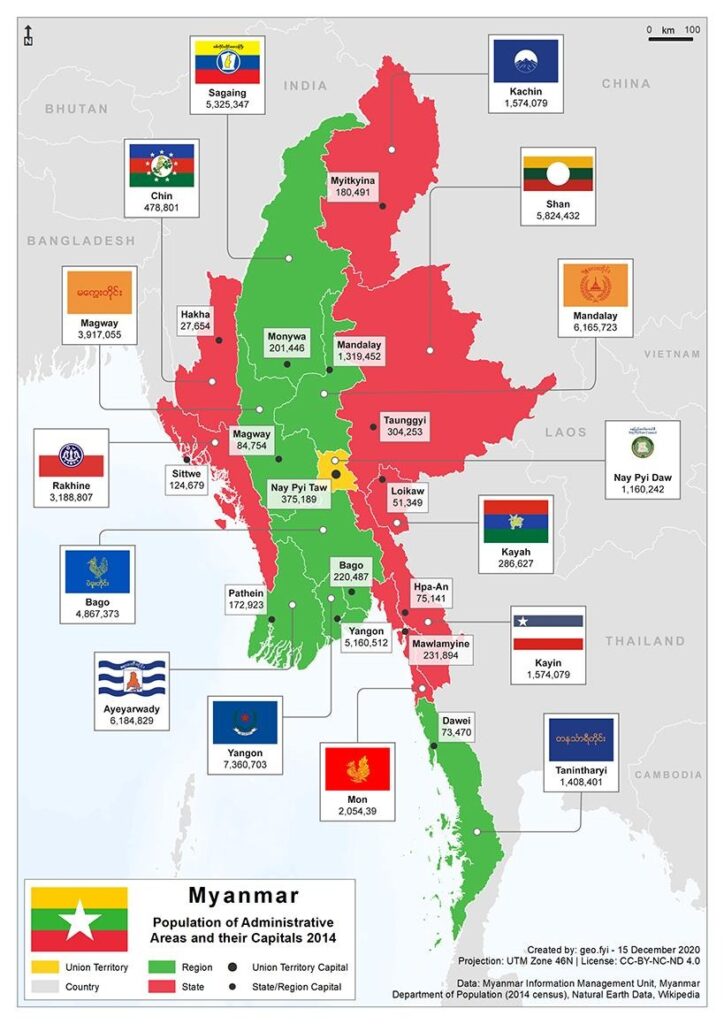 Map showing Myanmar’s states and regions under the 2008 Constitution