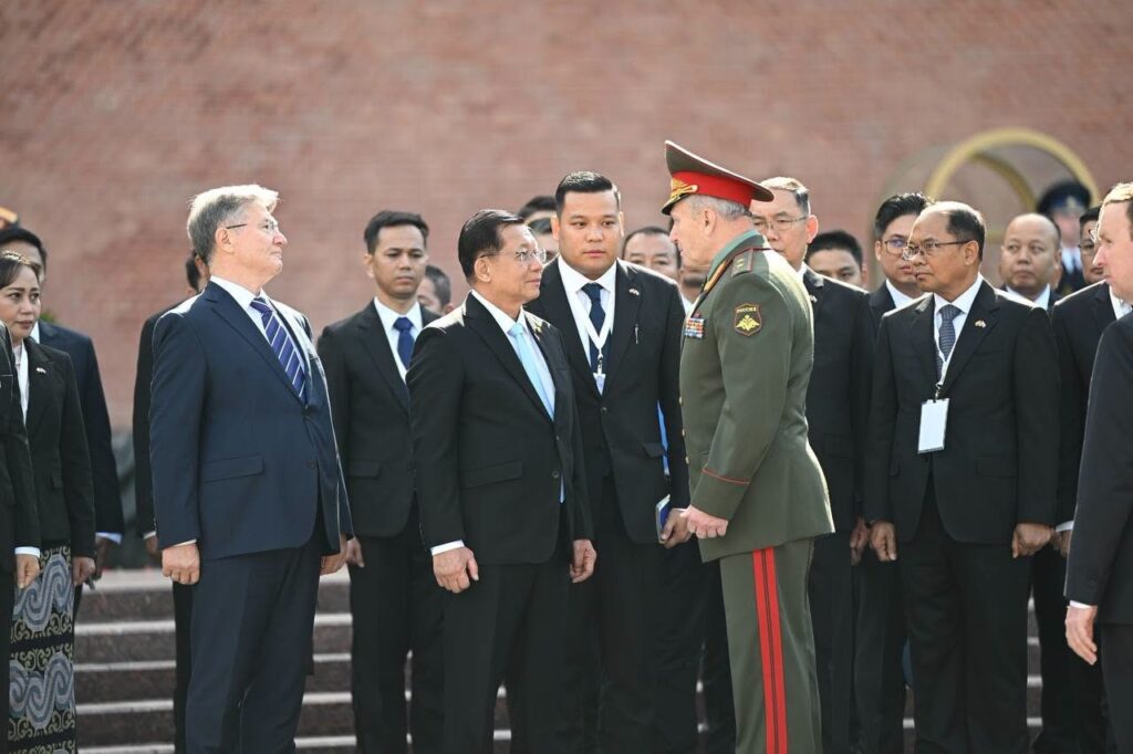 Myanmar junta chief Min Aung Hlaing meets with Russian military officials during an official visit to Russia