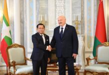 DEEPENING ALLIANCES, DEEPENING ISOLATION: An Analysis of Min Aung Hlaing’s Russia and Belarus Visit Myanmar junta chief Min Aung Hlaing shakes hands with Belarusian President Alexander Lukashenko during his visit to Belarus