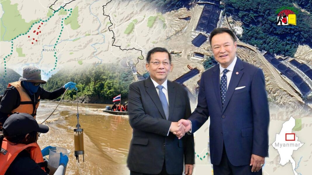 Thai Prime Minister Anutin Charnvirakul holds hands with Myanmar junta leader Min Aung Hlaing
